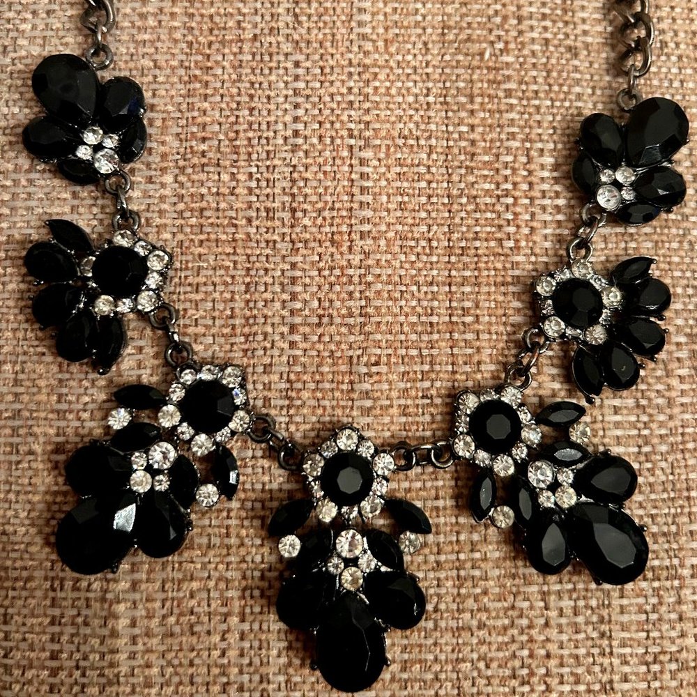 Black Stone and Crystal Cluster Necklace